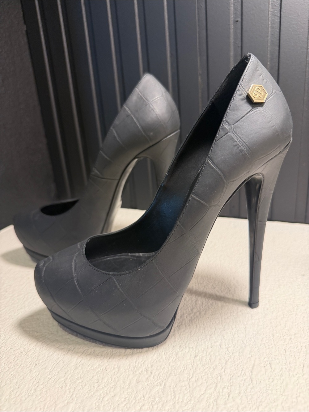 Philipp Plein Black Croc-Embossed Platform Stiletto Pumps with Gold Hex Accent